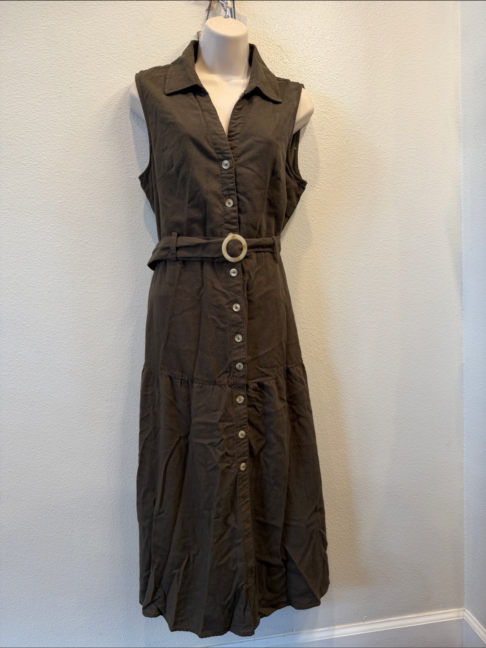 Nicole miller linen blend Button-Front olive Maxi  v neck Dress Tie Waist Summer